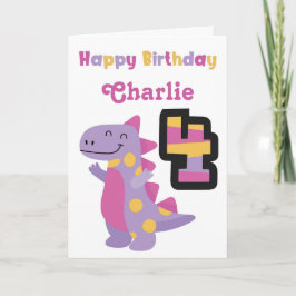 Cute Lila Dinosaur 4e födelsedagen-kort Kort