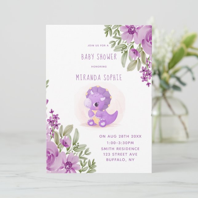Cute Lila Dinosaur Blommigts Girl Baby Shower Inbjudningar (Stående Fram)