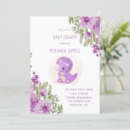 Cute Lila Dinosaur Blommigts Girl Baby Shower Inbjudningar
