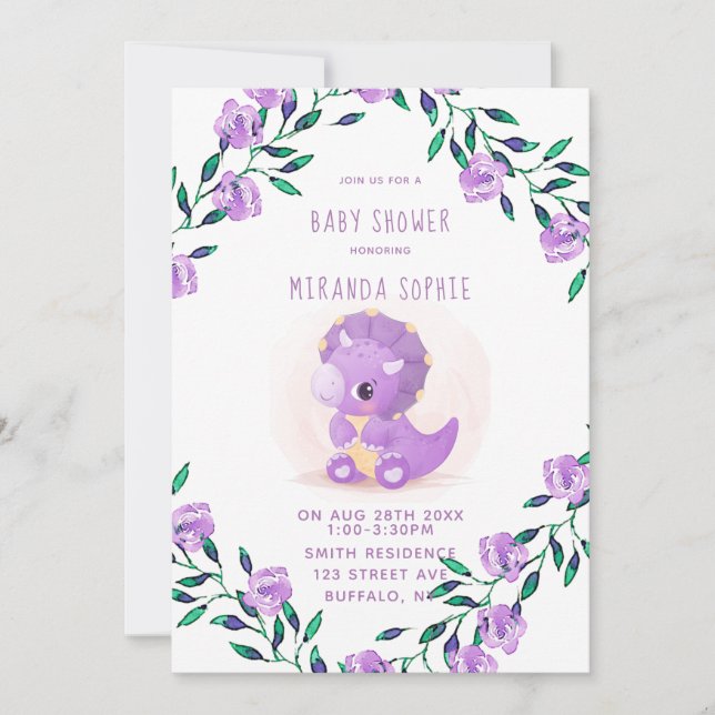 Cute Lila Dinosaur Girl Baby Shower Inbjudningar (Framsida)