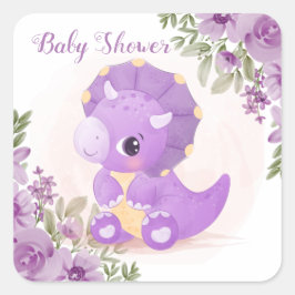 Cute Lila Dinosaur med Blommigt Baby Shower Fyrkantigt Klistermärke