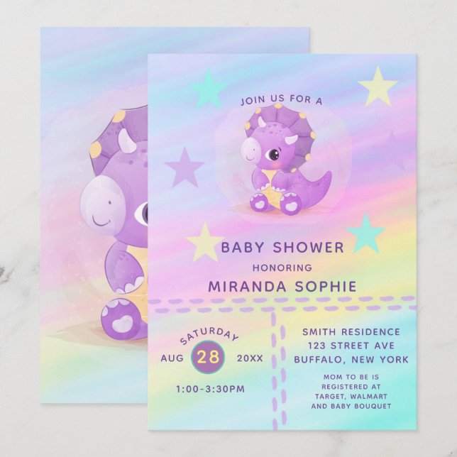 Cute Lila Dinosaur Rainbow Art Baby Shower Invi Inbjudningar (Fram/baksida)