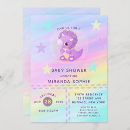 Cute Lila Dinosaur Rainbow Art Baby Shower Invi Inbjudningar
