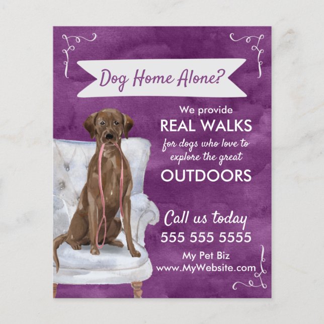 Cute Lila Dog Walker Flyer med Swirls Banner (Framsidan)