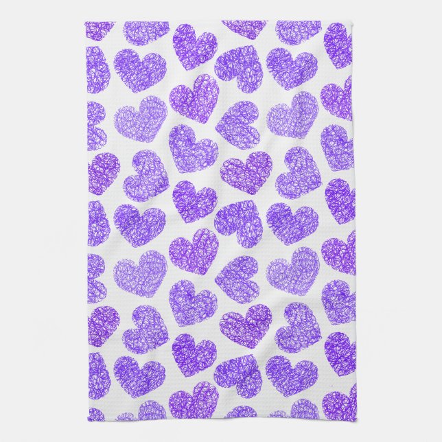 Cute Lila Doodled Heart Valentindagen Mönster Kökshandduk (Vertikal)
