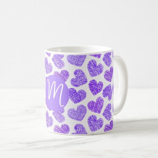 Cute Lila Doodled Heart Valentines Day Monogram Kaffemugg (Framsida höger)