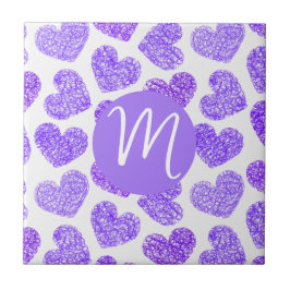 Cute Lila Doodled Heart Valentines Day Monogram Kakelplatta