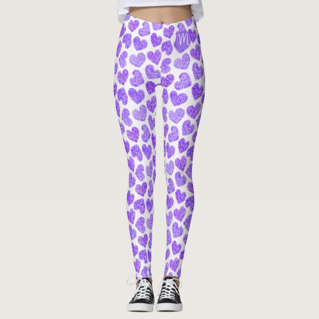 Cute Lila Doodled Heart Valentines Day Monogram Leggings (Framsida)