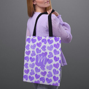 Cute Lila Doodled Heart Valentines Day Monogram Tygkasse