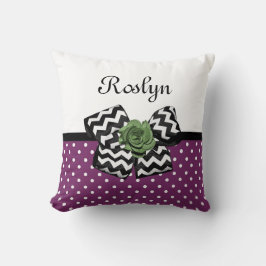 Cute Lila Dots Grönt Ro Chevron Bow med Namn Kudde