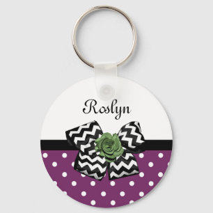 Cute Lila Dots Grönt Ro Chevron Bow med Namn Nyckelring