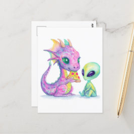 Cute Lila Dragon Baby äter pizza med Alien Vykort