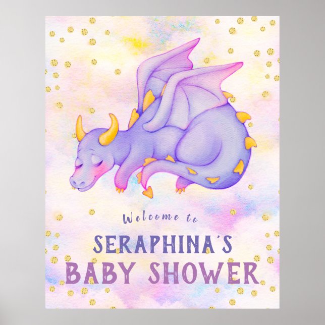 Cute Lila Dragon Baby Shower Poster (Framsidan)
