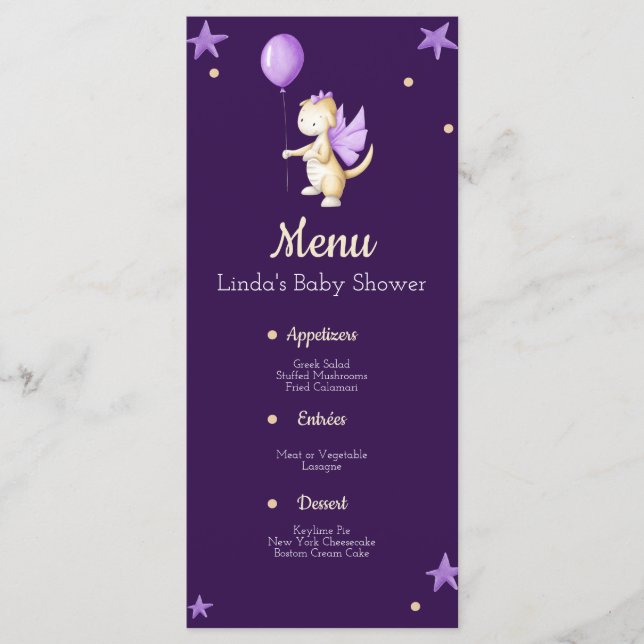 Cute Lila Dragon with Balloon Girl Baby Shower Meny (Framsida)