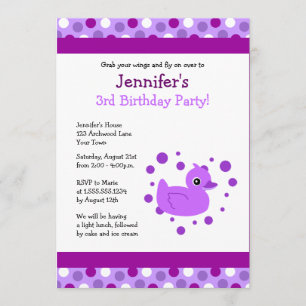 Cute Lila Ducky med Polka dots Birthday Inbjudan
