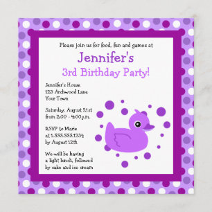 Cute Lila Ducky med Polka dots Birthday Inbjudan
