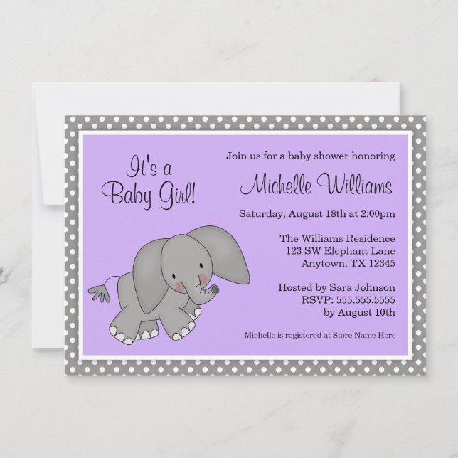 Cute Lila Elephant Girl Baby Shower Inbjudningar (Framsida)