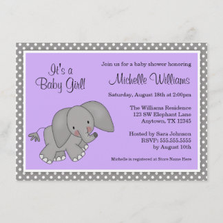 Cute Lila Elephant Girl Baby Shower Inbjudningar