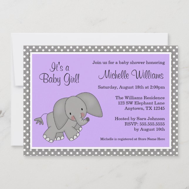 Cute Lila Elephant Girl Baby Shower-inbjudningar Inbjudningar (Framsida)