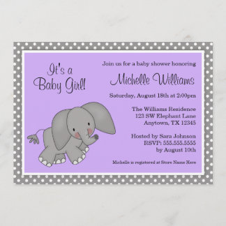 Cute Lila Elephant Girl Baby Shower-inbjudningar Inbjudningar