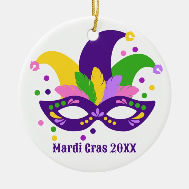 Cute Lila Grönt Guld Mardi Gras Mask Julgransprydnad Keramik (Framsidan)
