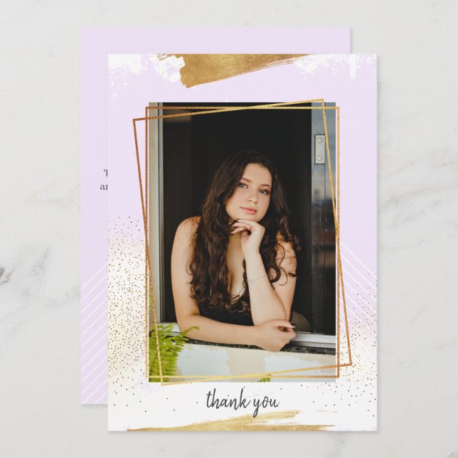 Cute Lila & Guld Framed Studenten Tack Inv. Inbjudningar (Fram/baksida)