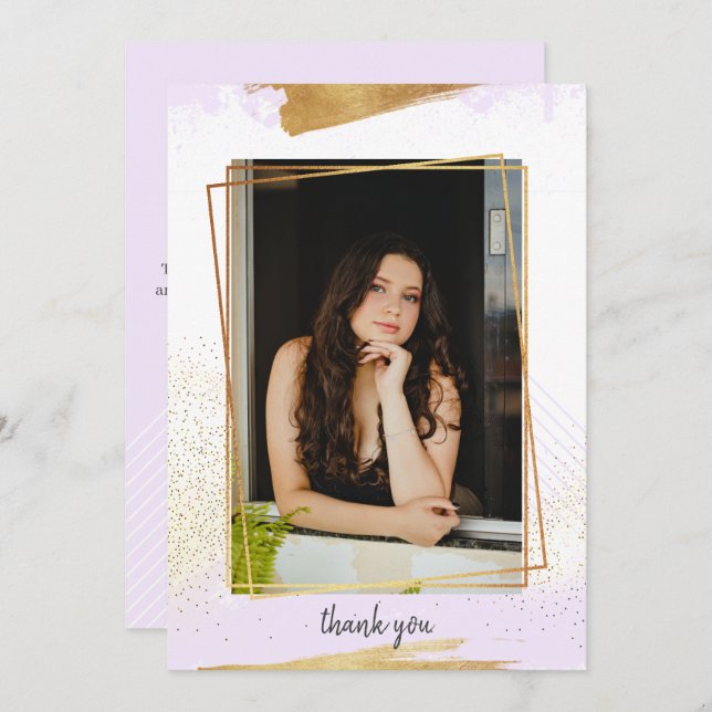 Cute Lila & Guld Framställning Studenten Tack Inbjudningar (Fram/baksida)