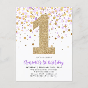 Cute Lila Guld Glitter Konfetti 1:a födelsedag Vykort