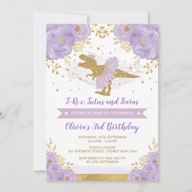 Cute Lila Guld Princess Dinosaur Girl Birthday Inbjudningar (Framsida)