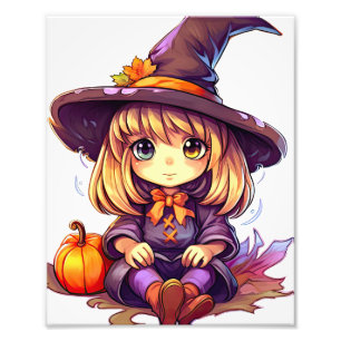 Cute Lila Halloween Witch med Pumpkin Fototryck