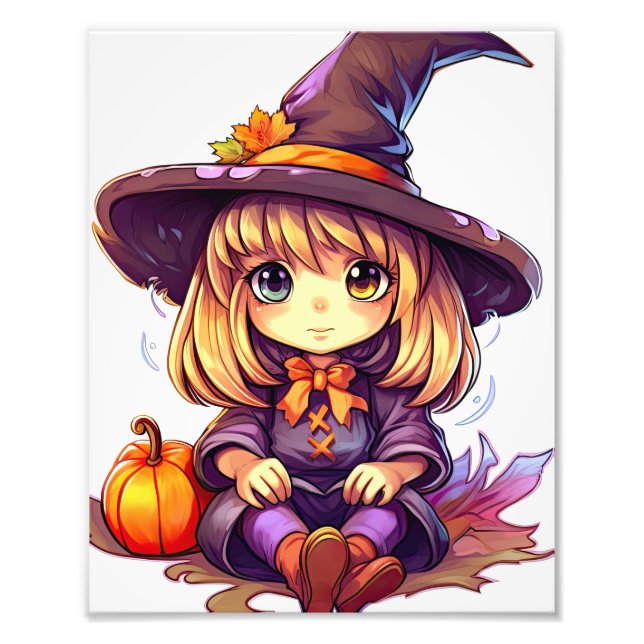 Cute Lila Halloween Witch med Pumpkin Fototryck (Framsidan)