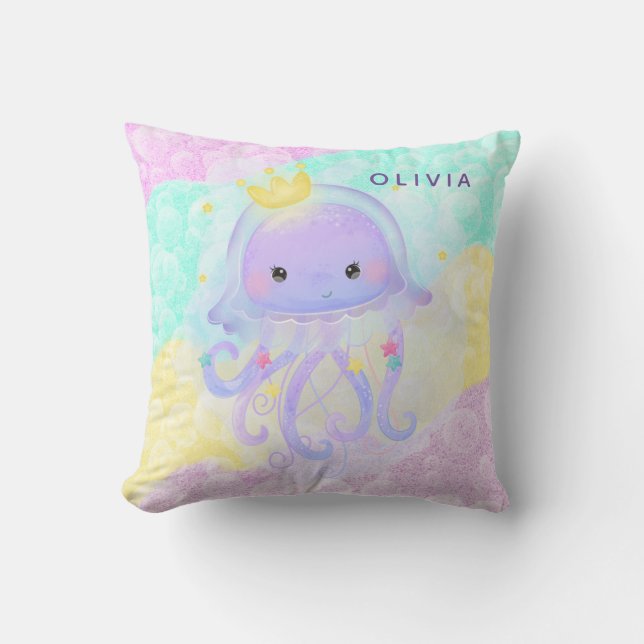 Cute Lila Jellyfish Girl Baby Nursery Anpassningsb Kudde (Framsida)