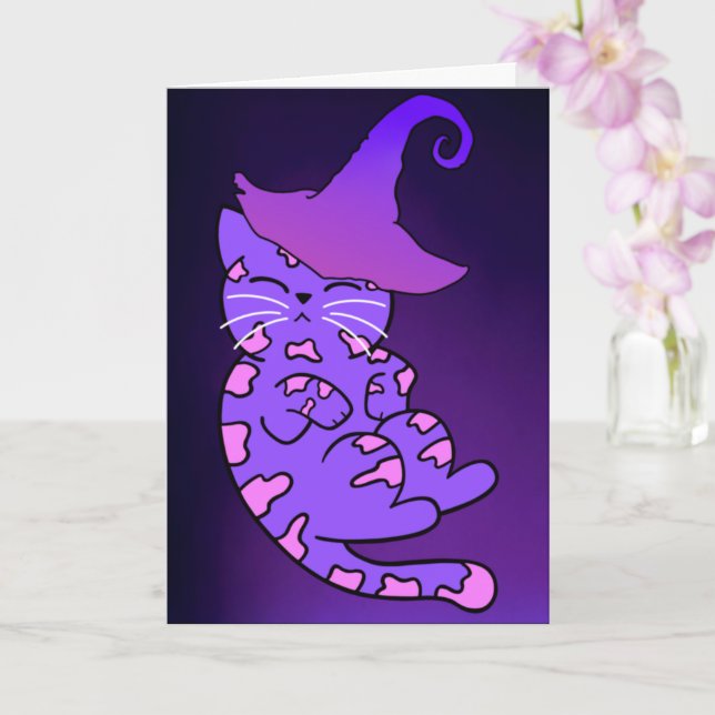 Cute Lila Kitten med Witch Hat Kort (Orkide)