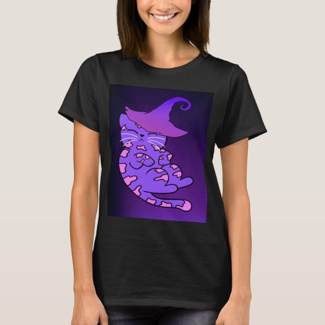 Cute Lila Kitten med Witch Hat T Shirt (Framsida)