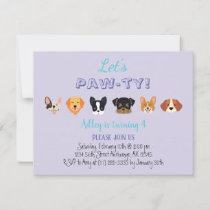 Cute Lila Låt oss Pawty Girl Puppy Födelsedagsfest Inbjudningar
