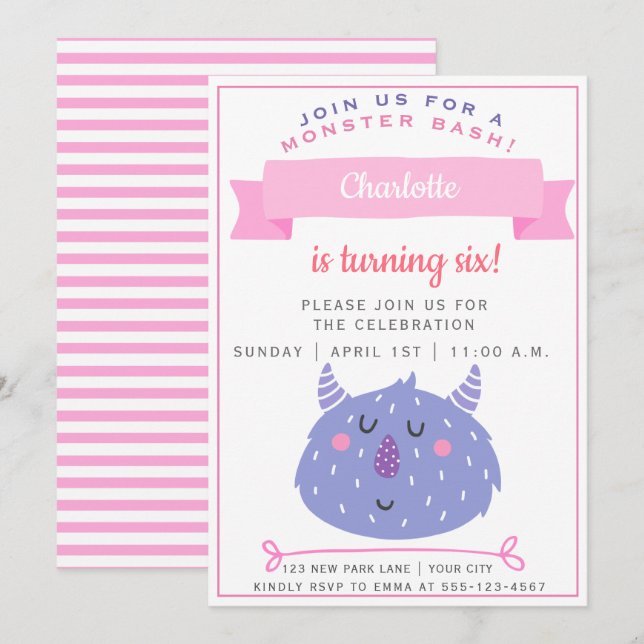 Cute Lila Monster | Monster Bash Girls Birthday Inbjudningar (Fram/baksida)