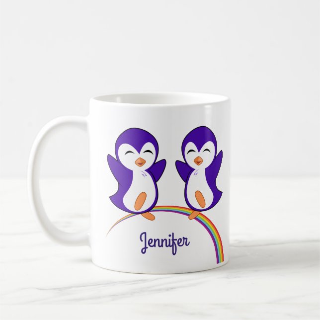 Cute Lila Penguin Rainbow Monogram Kids Kaffemugg (Vänster)