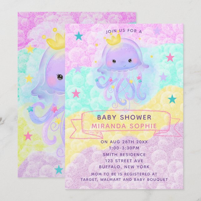 Cute Lila Princess Jellyfish Girl Baby Shower Inbjudningar (Fram/baksida)