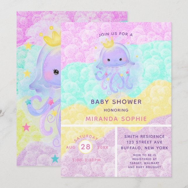 Cute Lila Princess Jellyfish Girl Baby Shower Inbjudningar (Fram/baksida)