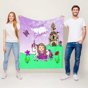 Cute Lila Princess och Unicorn Personlig Fleecefilt