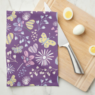 Cute Lila Retro Hearts Flowers Butterflies Kökshandduk