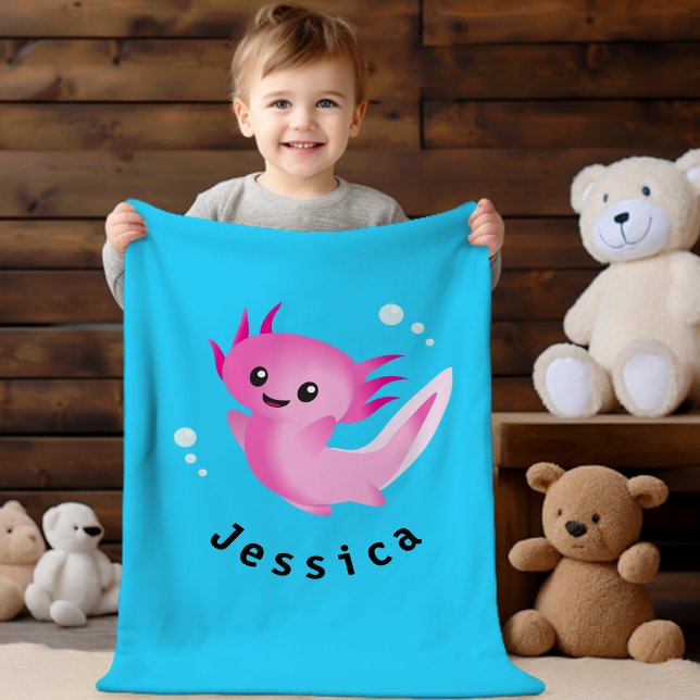 Cute Lila Rosa Axolotl Bubble med Namn Fleecefilt (Skapare uppladdad)