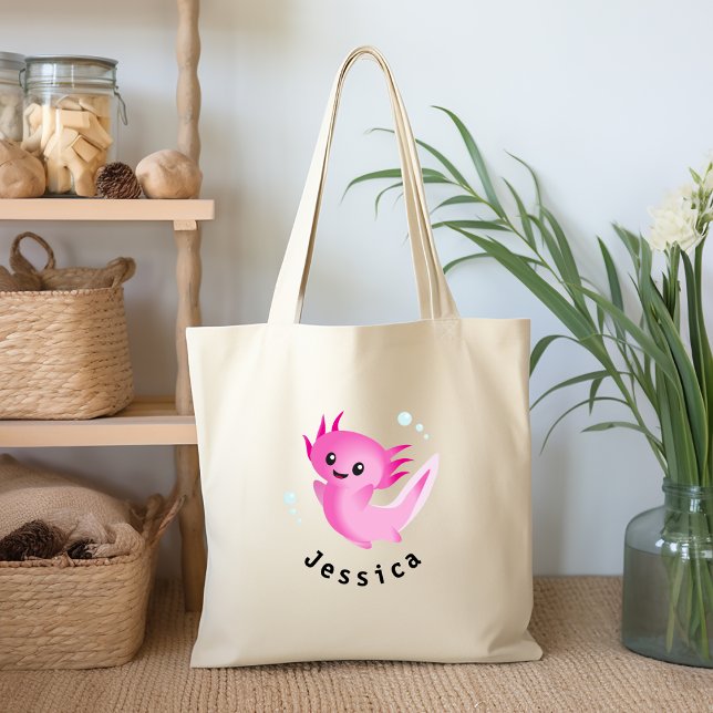 Cute Lila Rosa Axolotl Bubble med Namn Tygkasse (Skapare uppladdad)