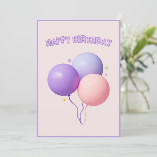 Cute Lila Rosa Balloons Grattis på födelsedagen Kort (Stående Fram)