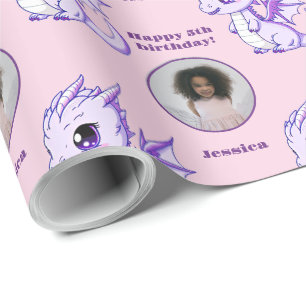 Cute Lila Rosa Chibi Dragon Anpassningsbar Photo T Presentpapper