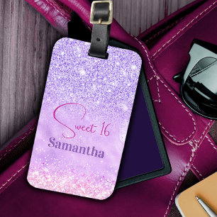 Cute lila rosa glitter födelsedag, monogram bagagebricka