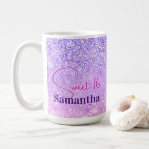 Cute lila rosa glitter födelsedag, monogram kaffemugg
