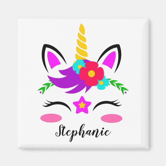 Cute Lila Rosa Unicorn Red Flower Personlig Magnet (Framsidan)