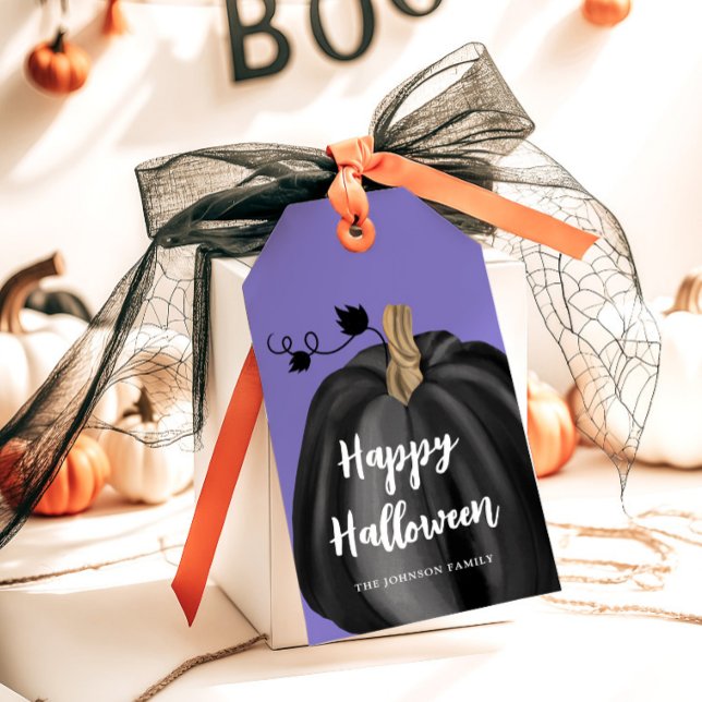 Cute Lila Script Pumpkin Halloween Presentetikett (Cute Purple Script Pumpkin Halloween Gift Tags)