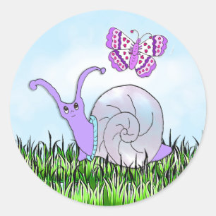 Cute Lila Snigel och Butterfly Whimsical Runt Klistermärke